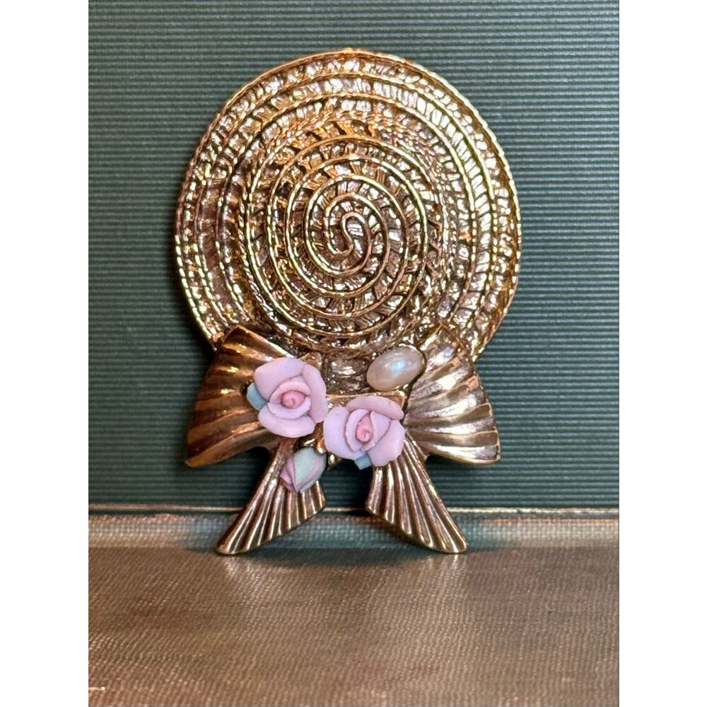 Vintage Straw Hat Brooch – Ceramic Pink Roses & Faux Pearl – 2 1/8”